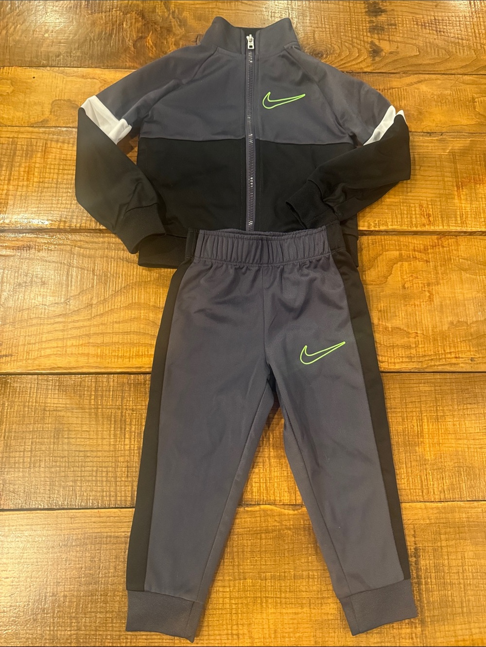 Nike Kids' Gray and Black Tracksuit with Neon Green Swoosh